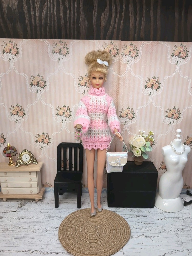 Vintage Barbie/Francie Clone Outfit: Sweater Dress, Purse, Barrette, Pearl Pumps