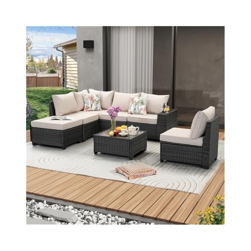Durable 7-Piece Rattan Patio Sectional Set with Cushions and Table