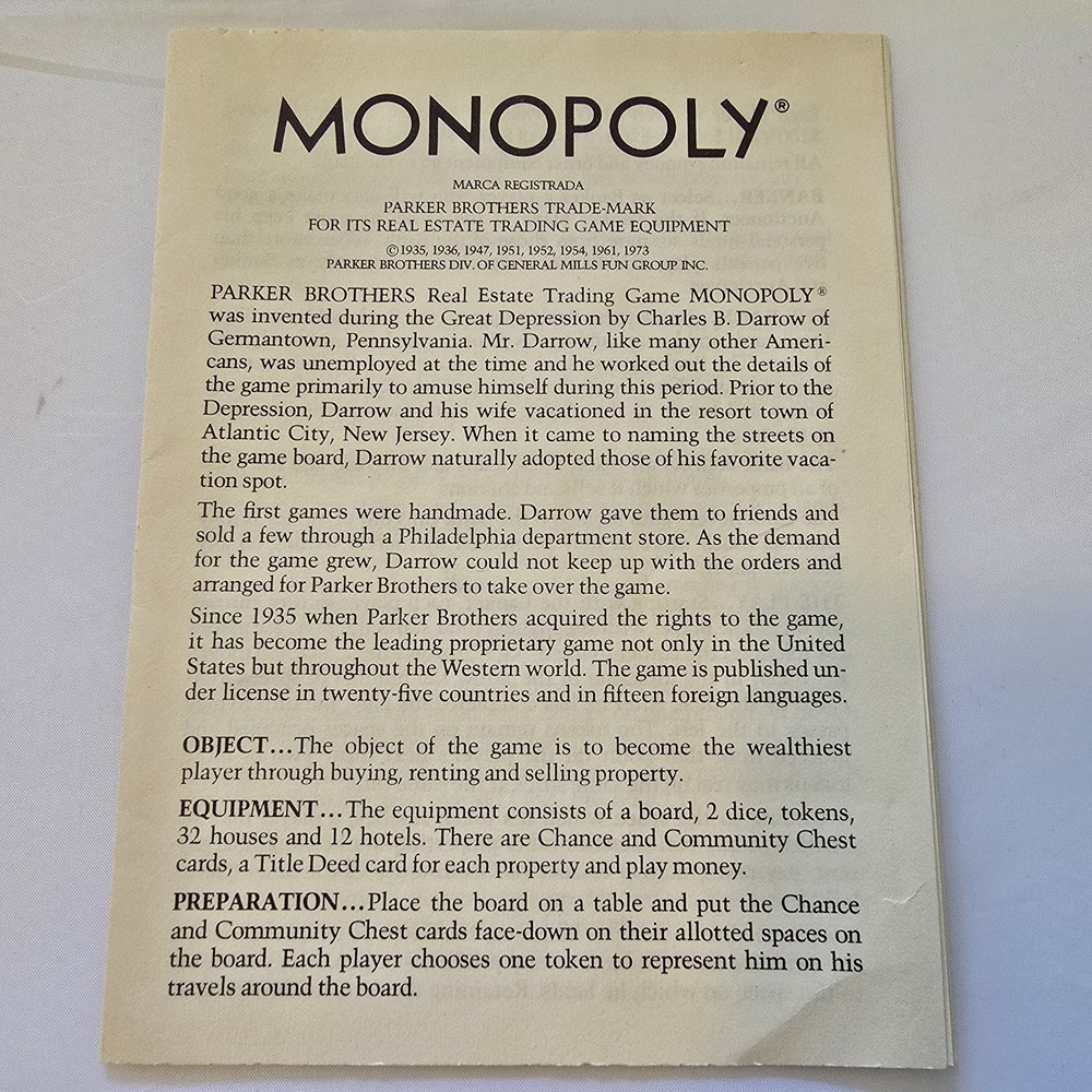 Vintage Monopoly 1973 Parker Brothers Board Game Instruction Manual Rules