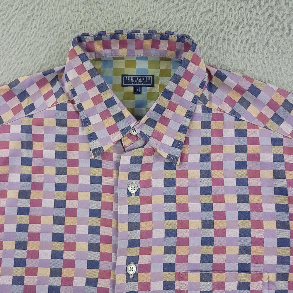 Ted Baker Shirt Mens Medium 3 Multicolor Check Short Sleeve Button Front Casual