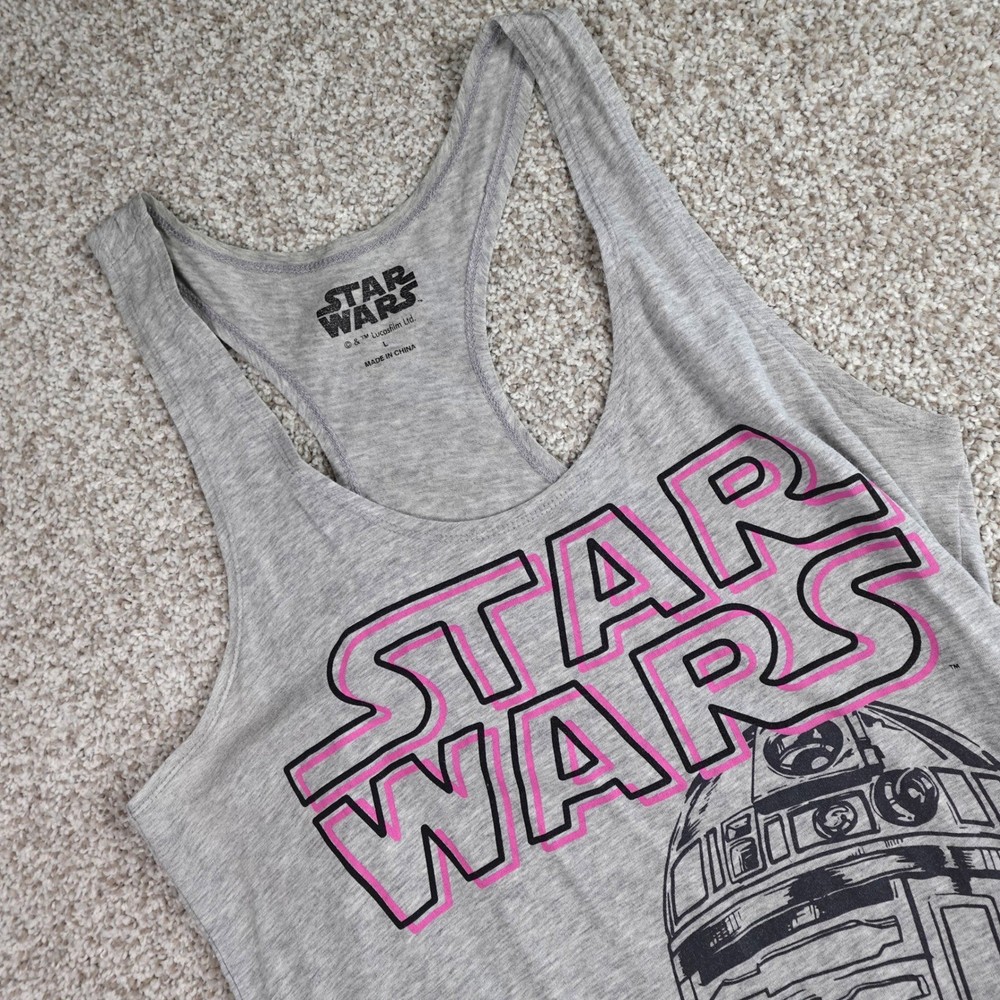 Star Wars R2-D2 Graphic Racerback Tank Top Gray Pink Logo Womens Large