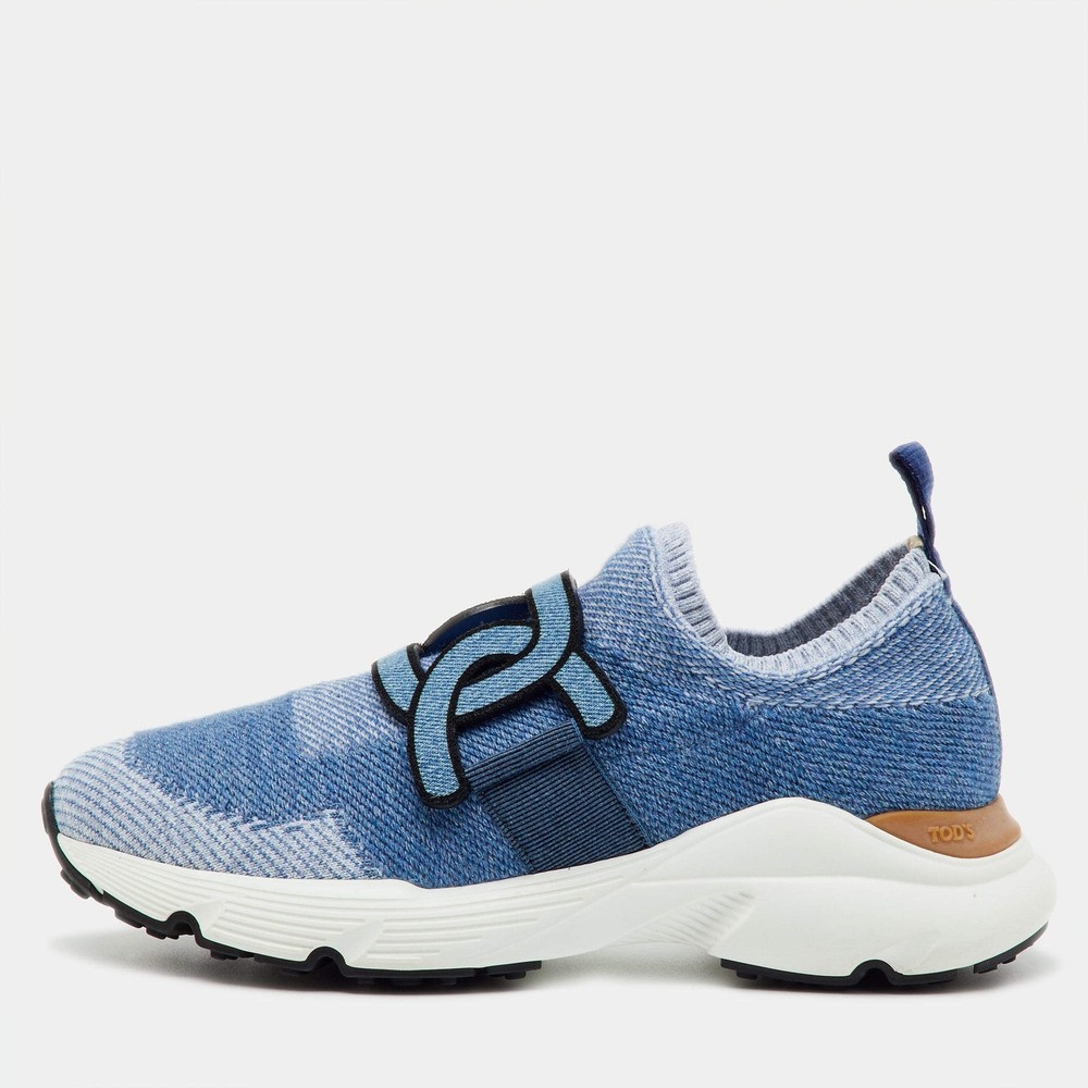 Tods Blue Knit Fabric Chain Detail Kate Slip On Sneakers Size 37