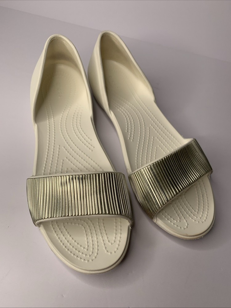 Crocs Flats Women’s Size 11 White Silver Lina D'Orsay Open Toe Comfort