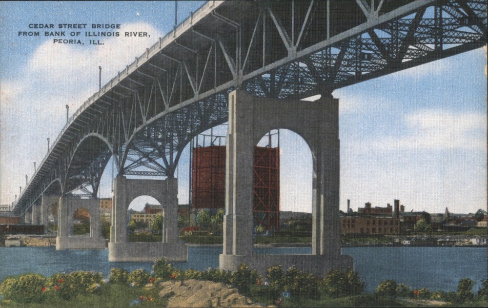 Peoria, Illinois IL Cedar Street Bridge, River Postcard E.C. Kropp Co. Vintage