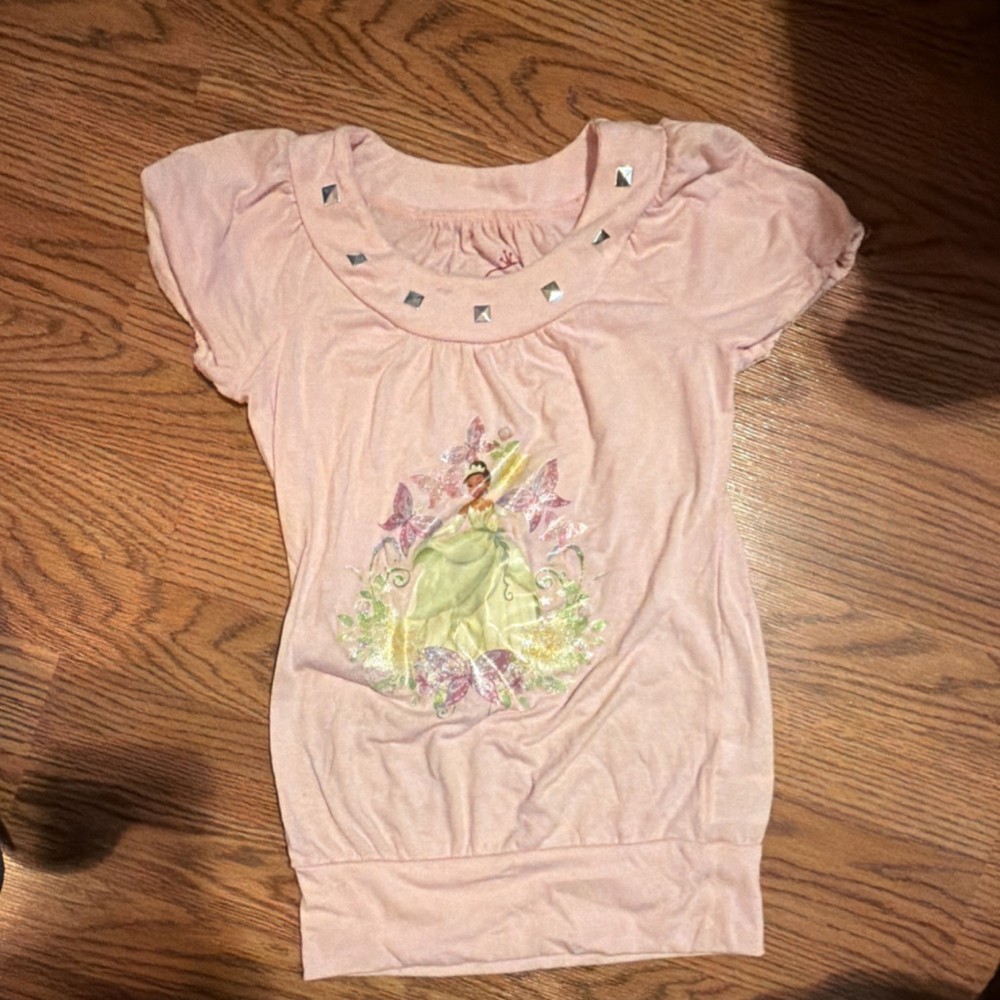 Disney Princess Tiana Studded Pink Girls T-Shirt S (6/6X) Vintage