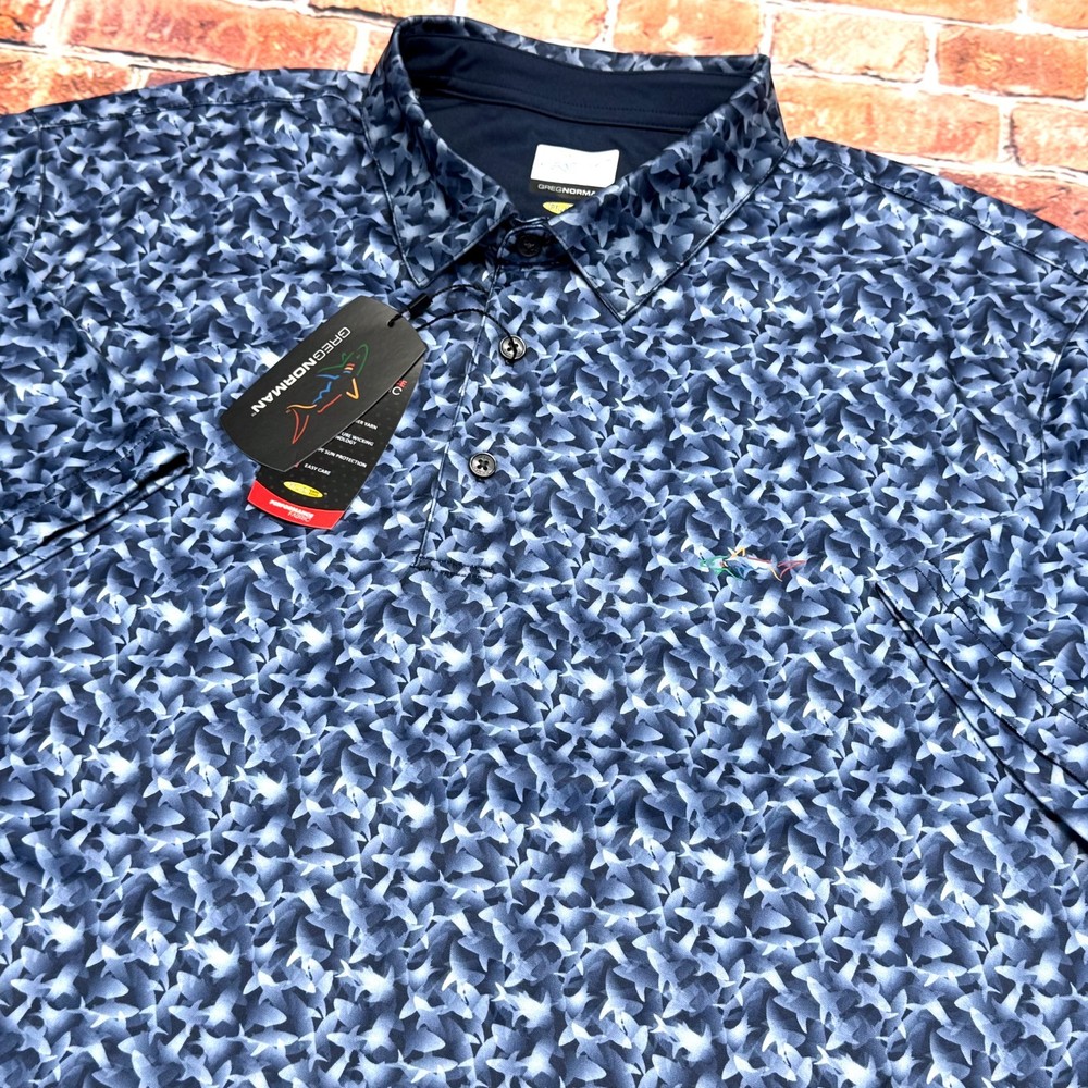 Greg Norman Mens LARGE Golf Polo Shirt Short Sleeve Sharks Allover Print Blue