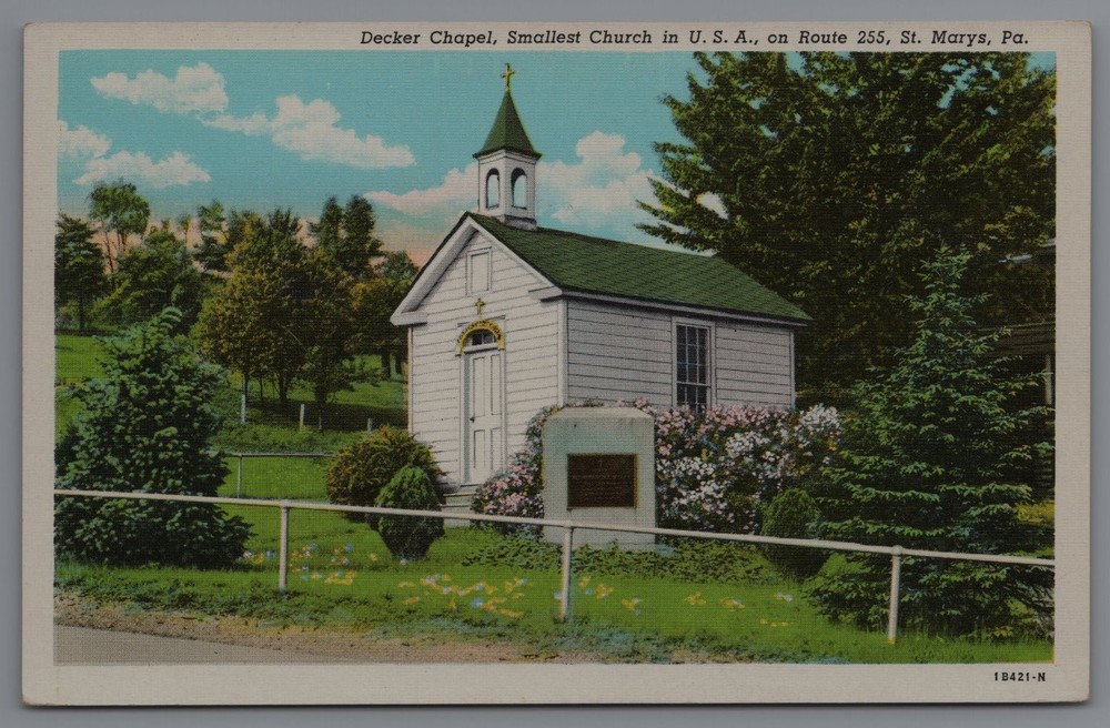Vintage Decker Chapel Smallest Church USA St. Marys PA Linen Postcard