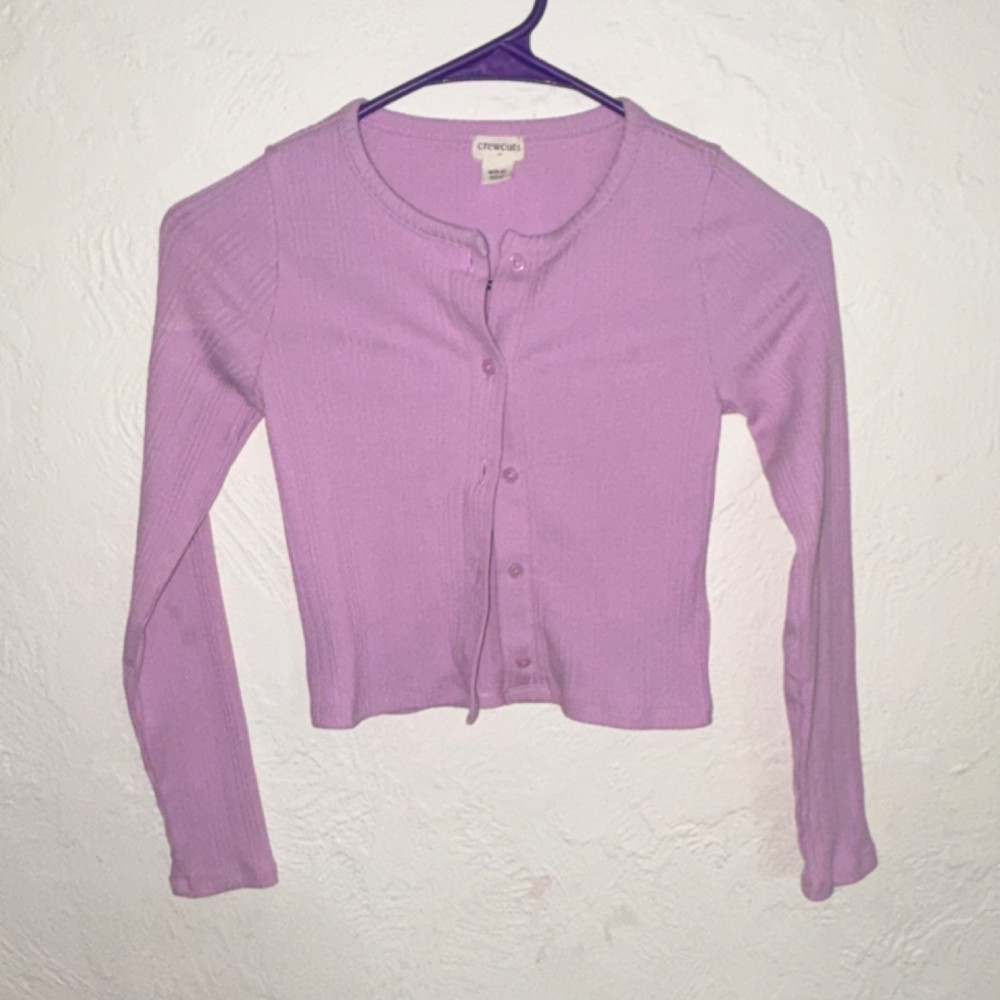 Crewcuts Purple Ribbed Button Front Cropped Long Sleeve Girls Top M (8-9)