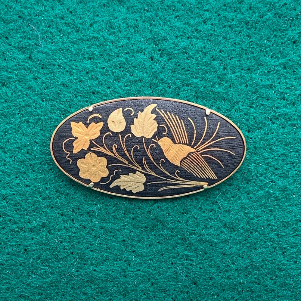 Vintage Oval Damascene Bird and Flowers Motif Pin Brooch Black Gold Tone