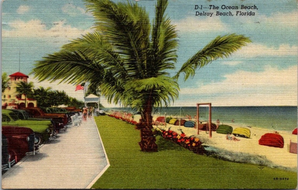 Vintage Linen Postcard Delray Beach Florida Ocean Palm Tree 1950s Posted