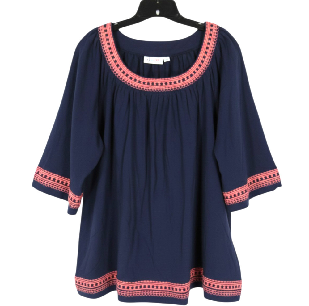 D&CO DENIM COMPANY Navy Twill CORAL EMBROIDERED Pleated PEASANT BLOUSE/TOP Sz 3X
