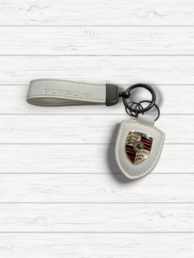 NEW - PORSCHE WHITE Emblem Crest Leather Keychain Key Ring Fob Holder - GIFT SET