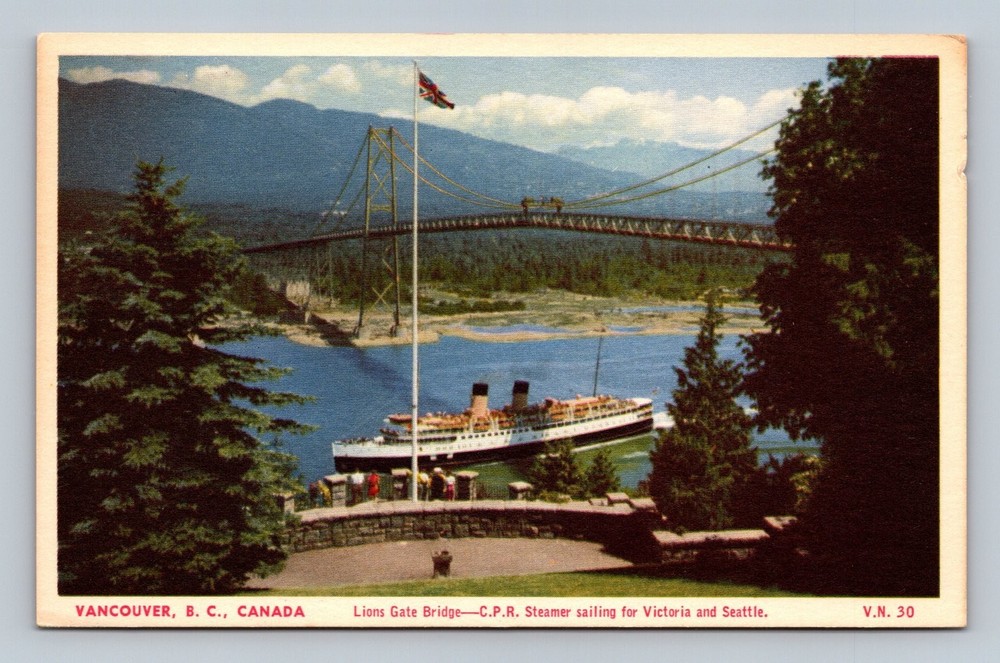 Vintage Vancouver Lions Gate Bridge CPR Steamer Postcard Canada