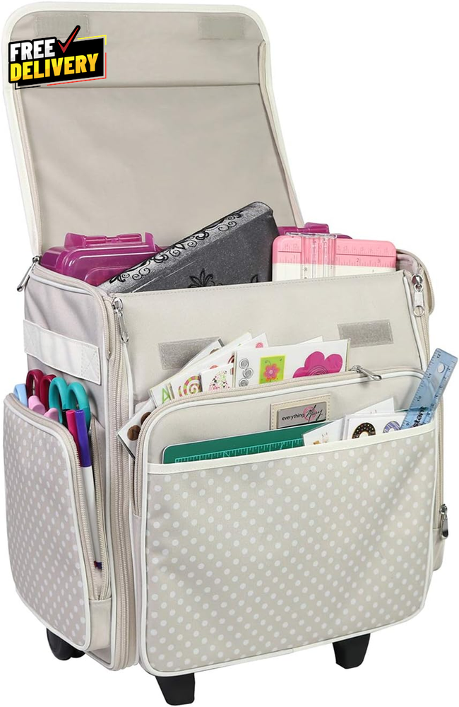 Collapsible Rolling Craft Bag Tan Wheeled Scrapbook Tote for Scrapbooking & Art