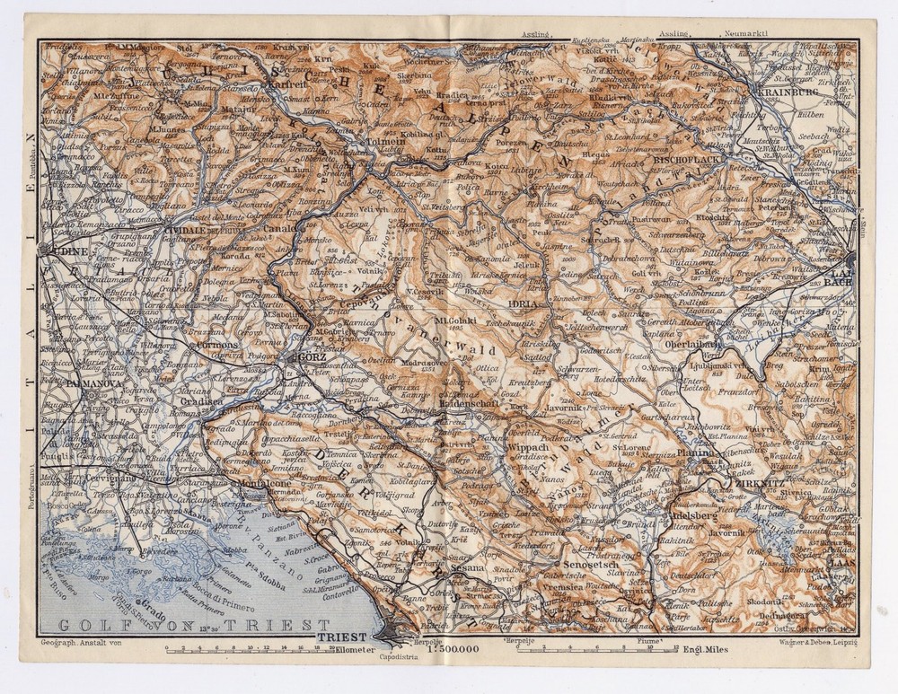 1910 Antique Map Of Western Slovenia Carniola / Austria-Hungary Empire / Italy