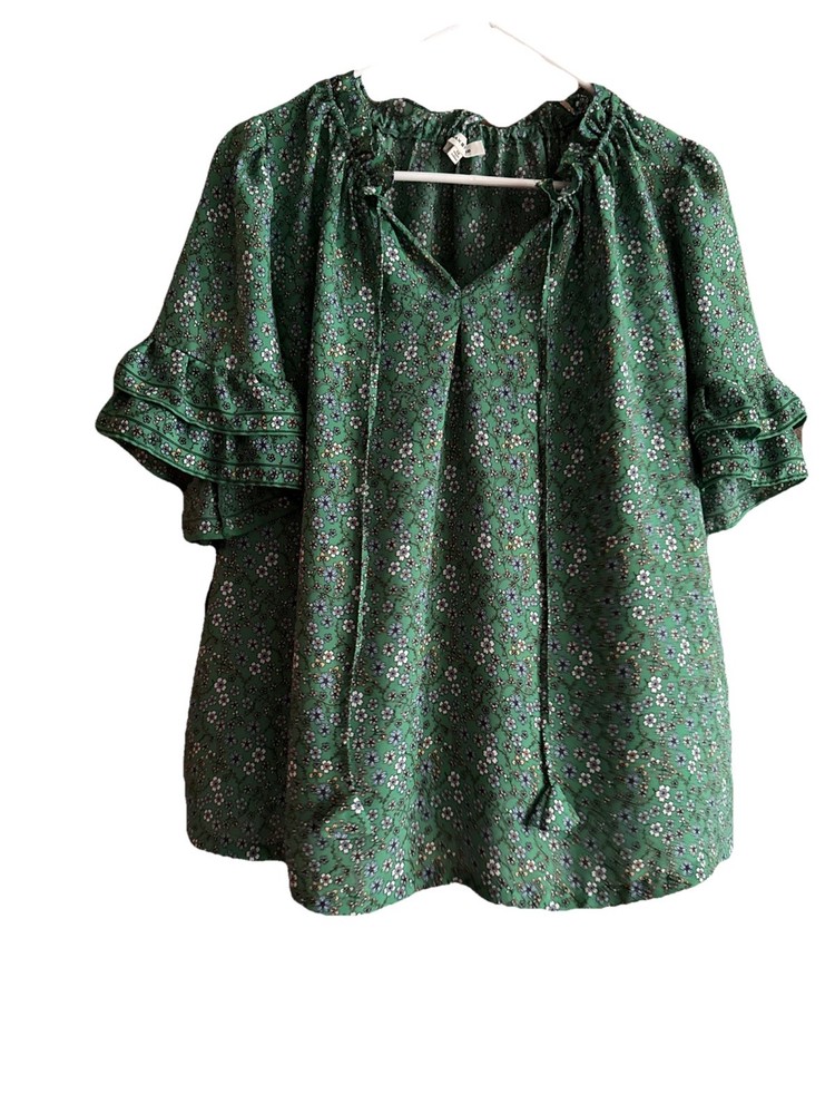 Max Studio Green Floral Print Short Sleeve Ruffle Neck Blouse Size 1X