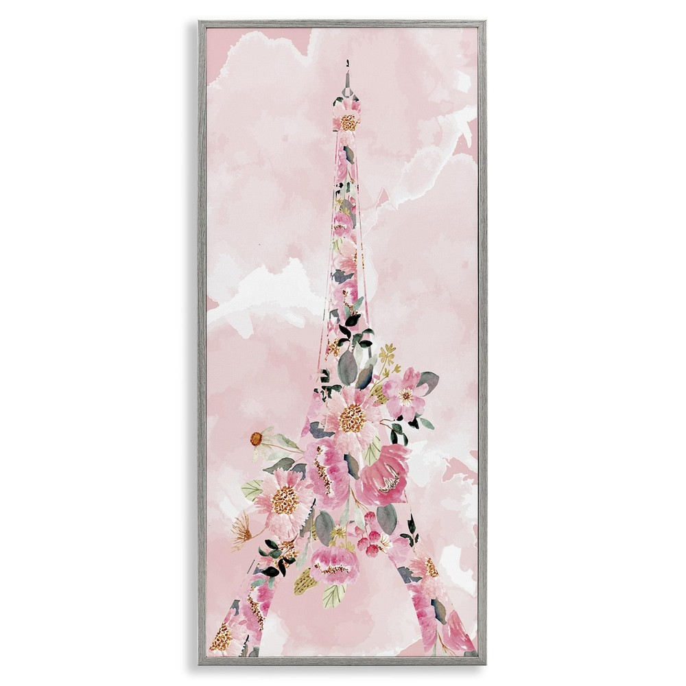 Floral Pattern Eiffel Tower Pink Cloudy Sky, Designed by Kim Allen Gray Frame...