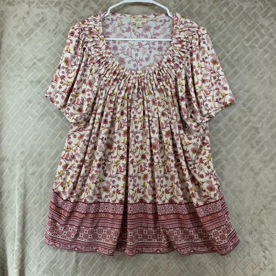 Style & Co Blouse Womens 3X Red White Stripped Floral Short Sleeve Pleated