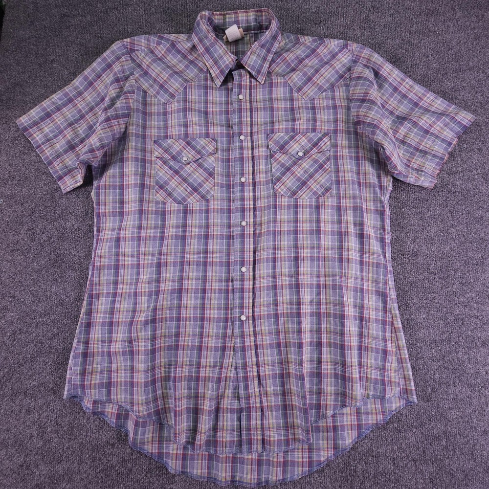 Saddlebrook Western Shirt Mens Large Plaid Pearl Snap Made in USA Short Sleeve