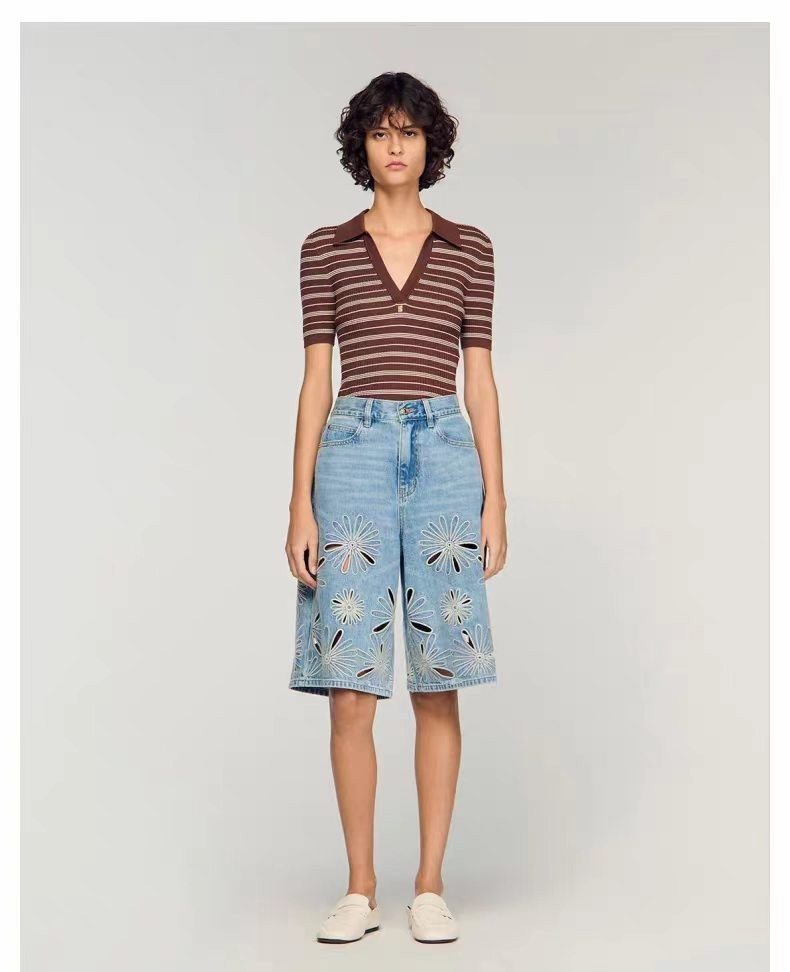 Women Sandro Short Sleeve Stripes Collar Knitted sweater T-shirt Tops