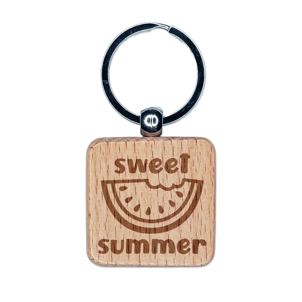 Sweet Summer Watermelon Engraved Wood Square Keychain Tag Charm