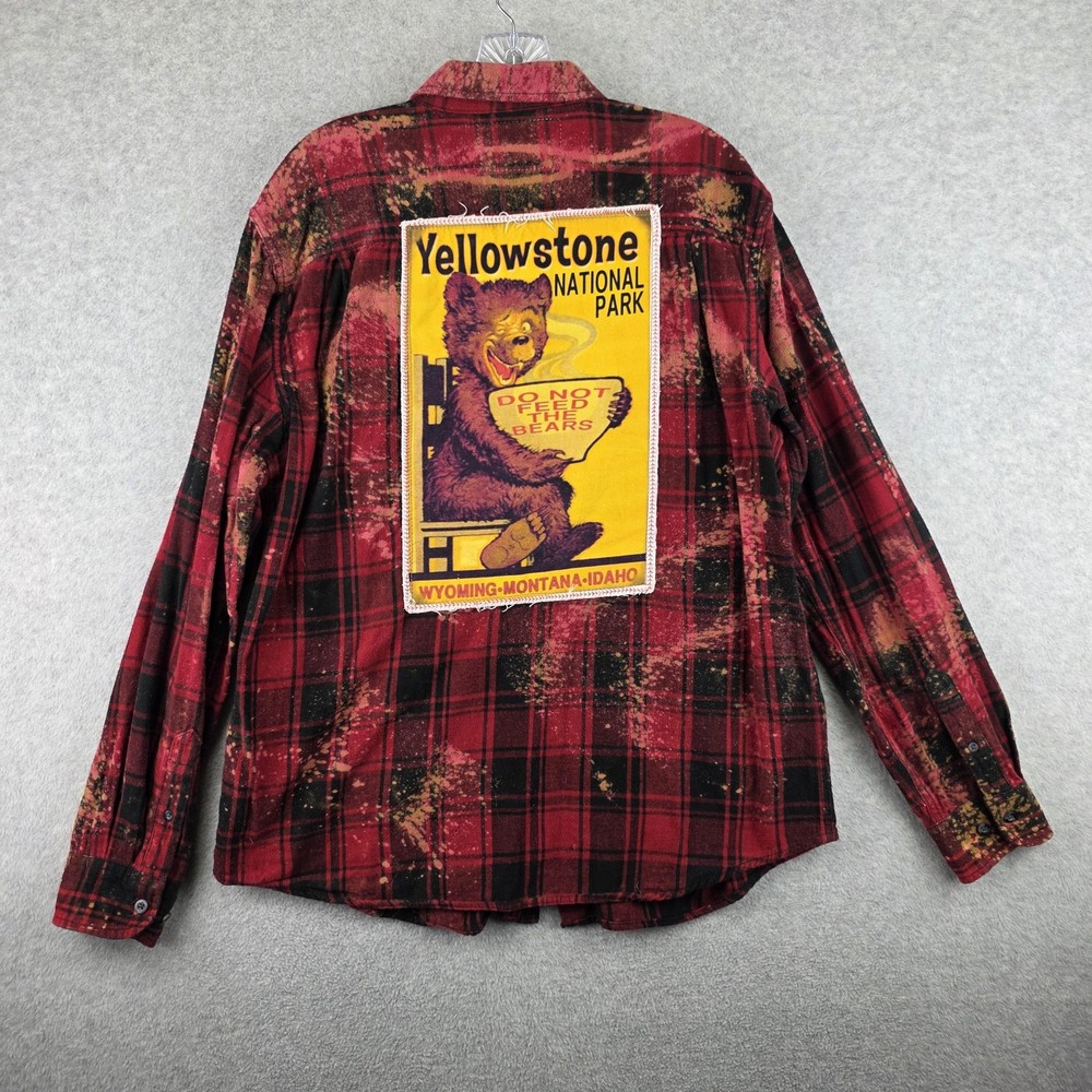 Angry Minnow Flannel Shirt Mens L Red Plaid Yellowstone Bear Patch Distressed