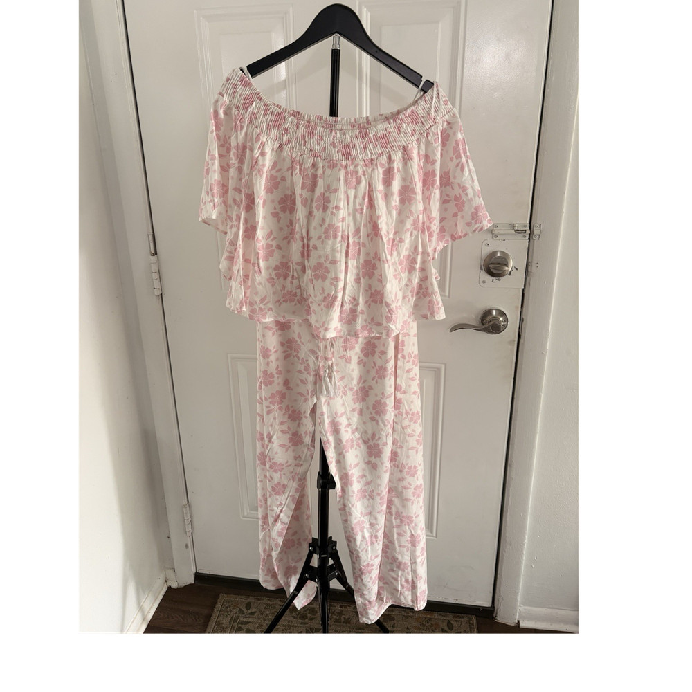 RELAXX by EXIST Women's Pink Floral 2 Piece Off Shoulder Top & Pants Set L/XL