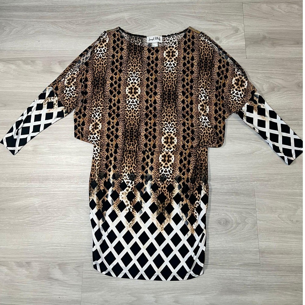 Joseph Ribkoff Leopard Snake Print Midi Dress Dolman Sleeve Statement