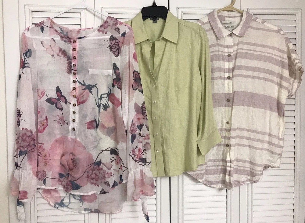 Lot Of 3 Women Small Button Shirts - 2 Linen - 1 Sheer Floral - Beachy Boho