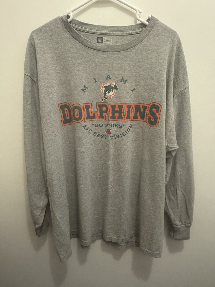 Vintage NFL Miami Dolphins Shirt Men's Gray Long Sleeve Graphic Logo Size XL