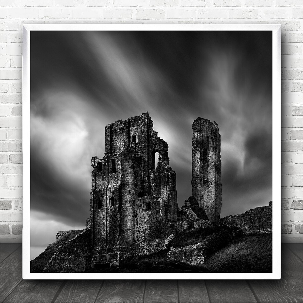 Fine Art Black White Landscape Castle Ruins Square Wall Art Print