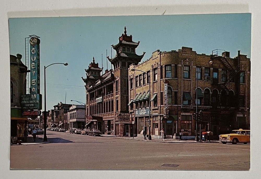 CHICAGO IL Street Scene CHINESE TEMPLE & GUEY SAM'S Restaurant Vintage Postcard