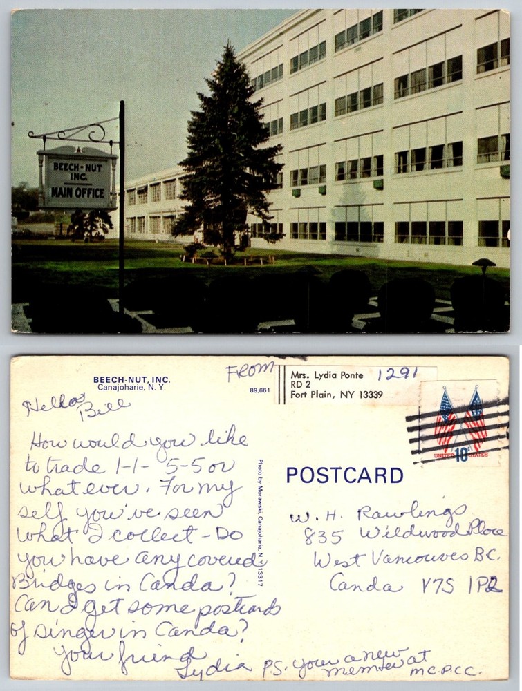 Beech-Nut Inc Main Office Canajoharie NY Postcard Fort Plain Postmark