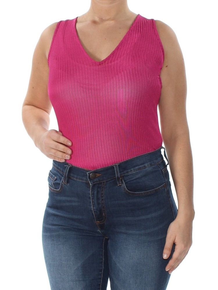 GUESS Womens Pink Ribbed V-Neck Sleeveless Casual Top Size M