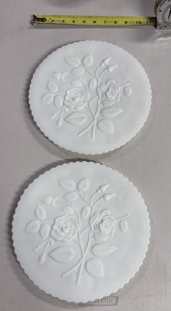 Milk Glass Rose Pattern Plates Set of 2 White Round ~10 in Flower Glossy