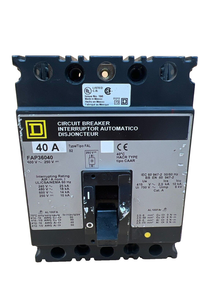 Square D FAP36040 Circuit Breaker 40A 600V 3P Lug to Lug 40 Amp 3 Pole Used