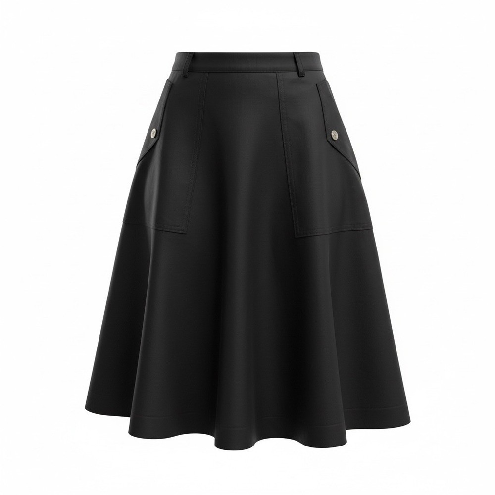 Marc Jacobs Black Cotton Twill A-Line Knee Length Skirt Buttoned Pockets