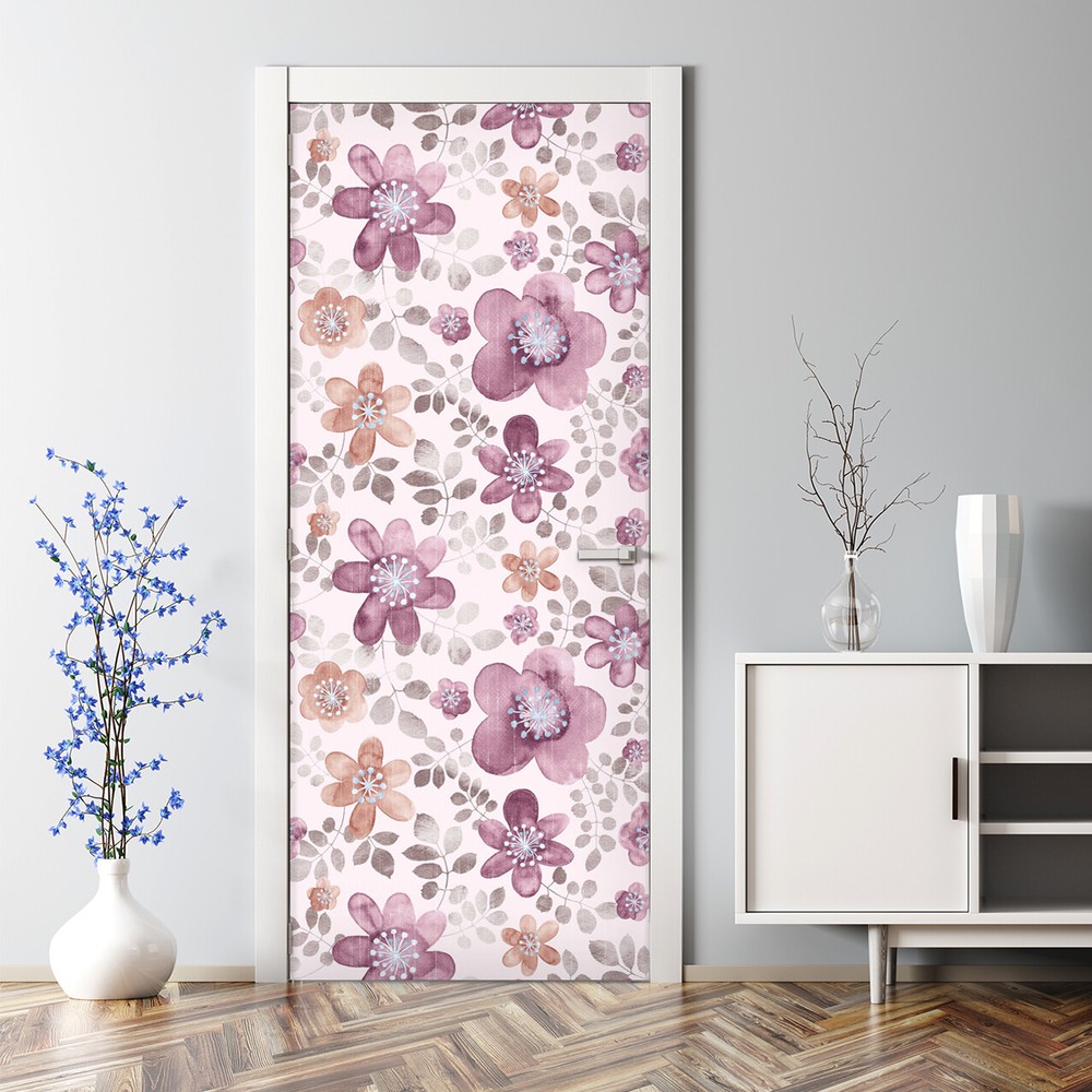 Bubble Free Door sticker Cute pink and purple flowers Watercolour self adhesive