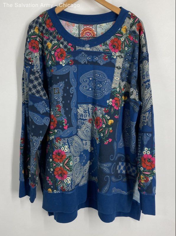 Johnny Was Womens Blue Floral Cotton Blend Long Sleeve Pullover Sweater Size L