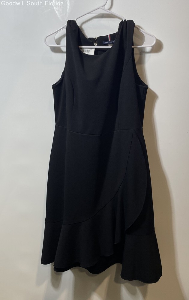 Tommy Hilfiger Womens Black Sleeveless Round Neck Ruffle Hem Mini Dress Size 14