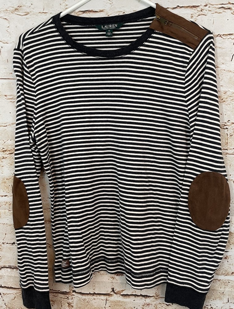 Ralph Lauren Top Shirt Women XL Elbow Patch Zip Shoulder black stripe faux suede
