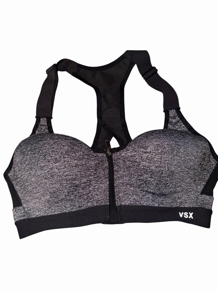 VSX Sport Victoria’s Secret Sports Bra 32A Gray Black Front Zip Racerback