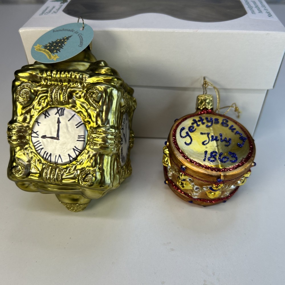 VTG Inge Glas Hand Blown Drum And Clock Mercury Glass Christmas Ornament Germany