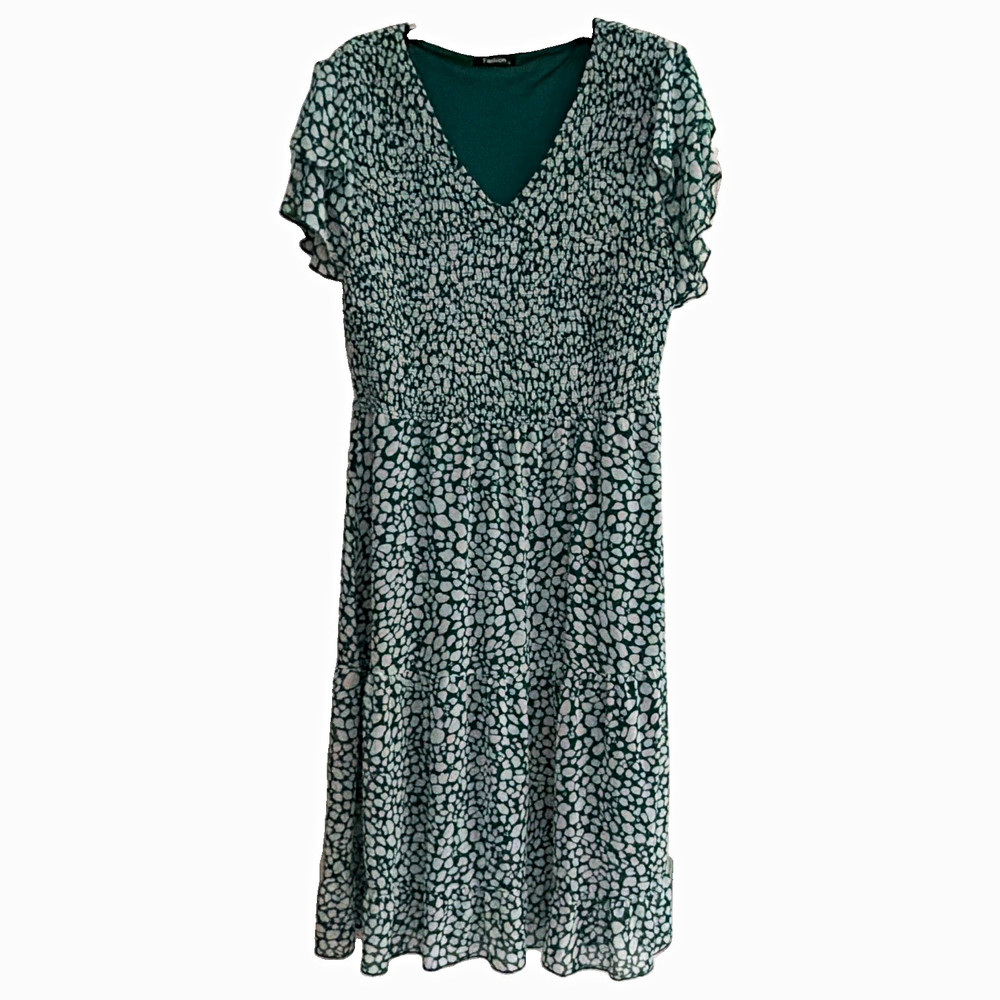 Fashion Women’s A-Line Dress V-Neck Flutter Sleeve Abstract Smocked XL Knee