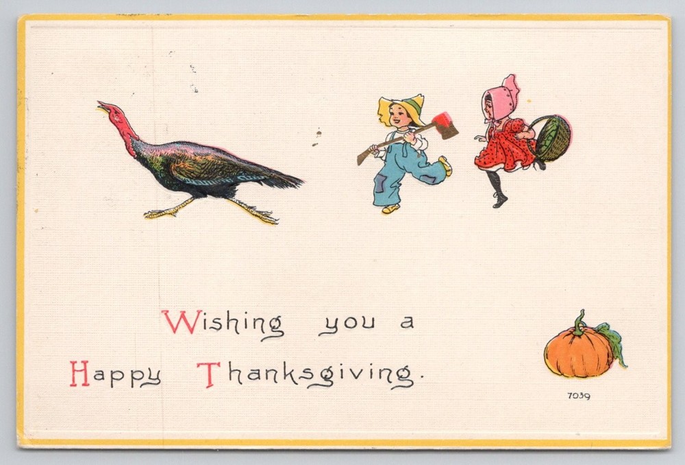 1914 Thanksgiving Postcard - Turkey, Children, Pumpkin - Olyphant PA Postmark