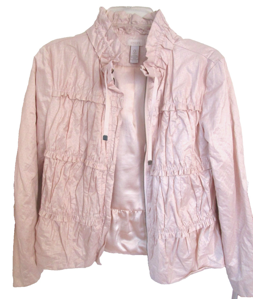 Chicos Women Metallic Pink Ruffle Ruched Jacket Sz 0 US 4 Raincoat Full Zip EUC