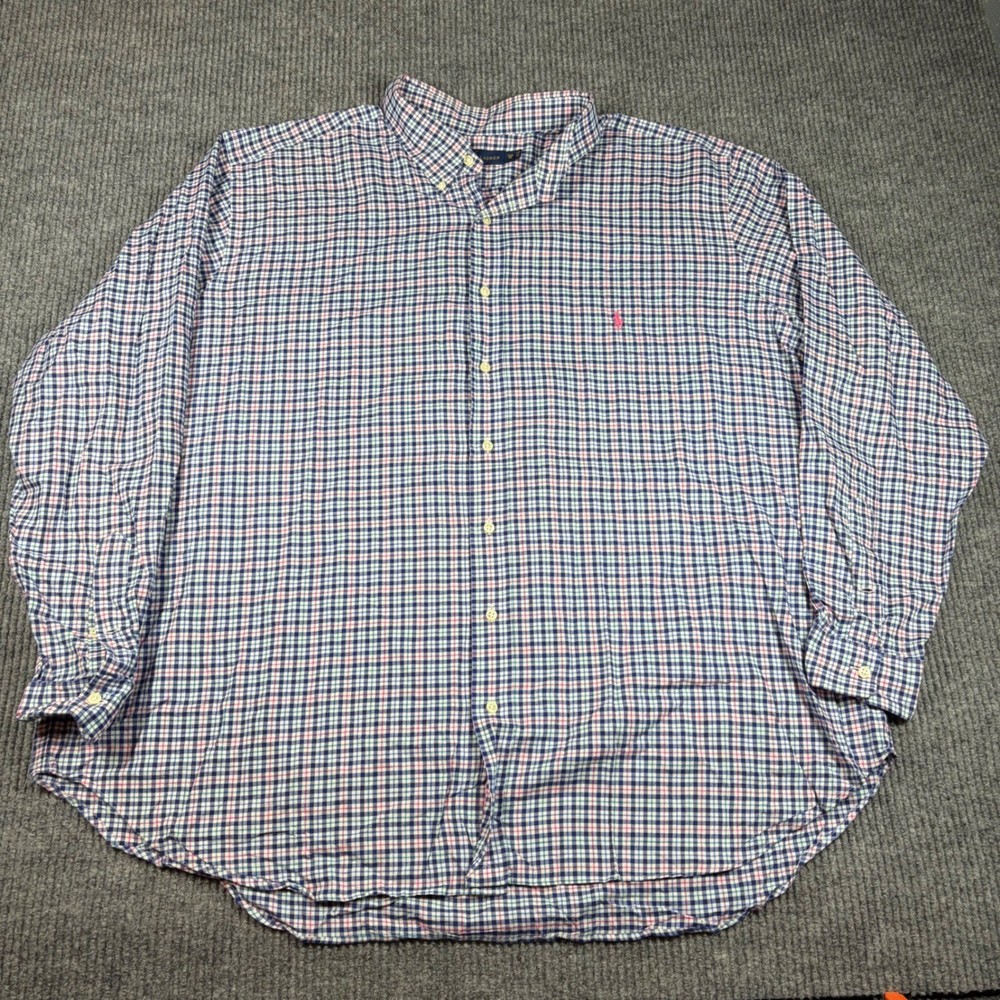 Ralph Lauren Shirt Men's 3XB Big Blue Pink Plaid Button Down Long Sleeve Cotton