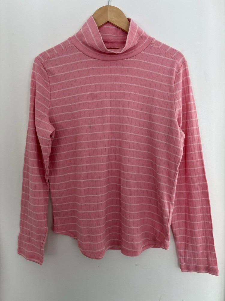 T by Talbots Womens Striped Cotton Blend Knit Mock Neck Long Sleeve Shirt Pink L