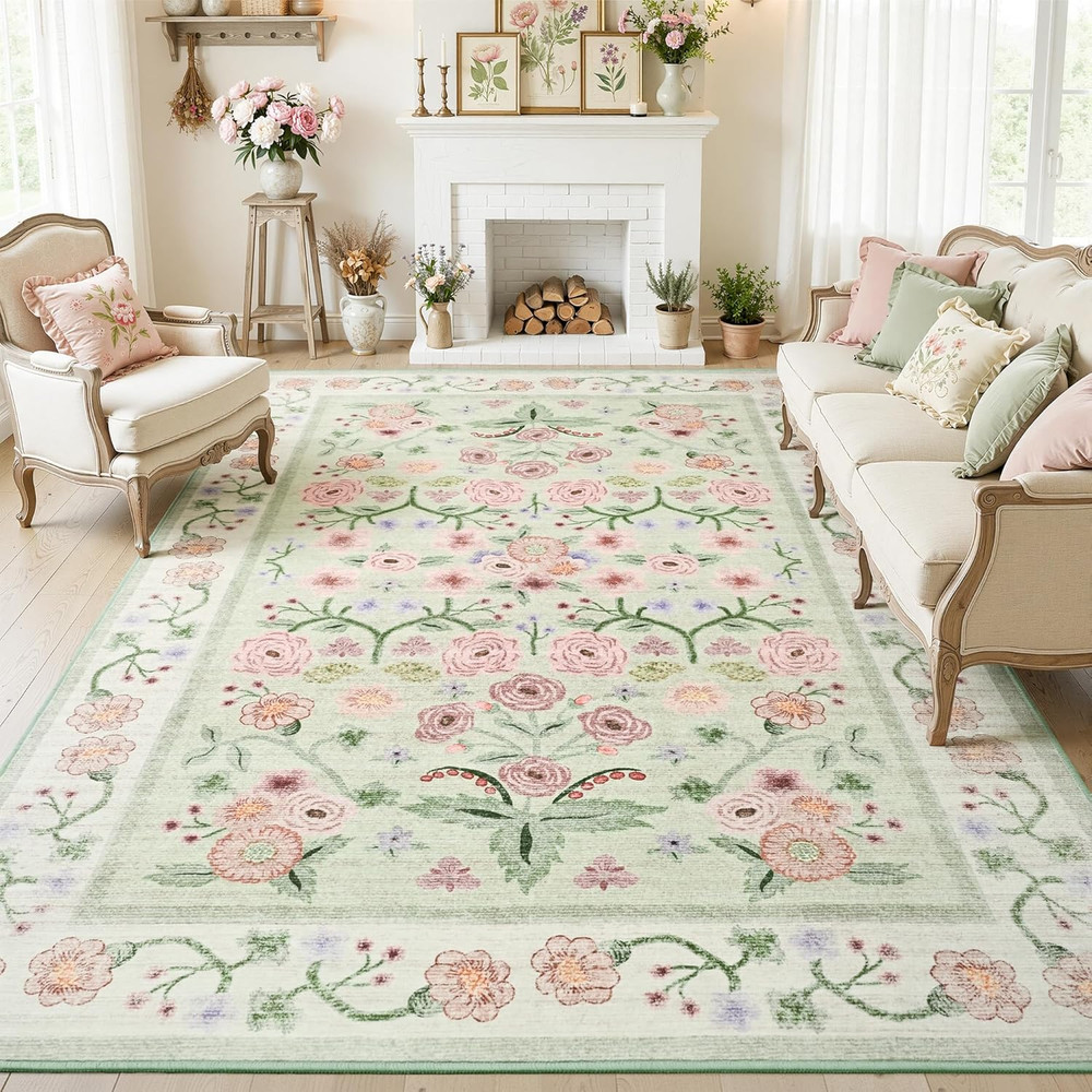 Large Area Rugs for Living Room Bedroom, 5X7 Washable Floral Area Rugs, Non-Slip
