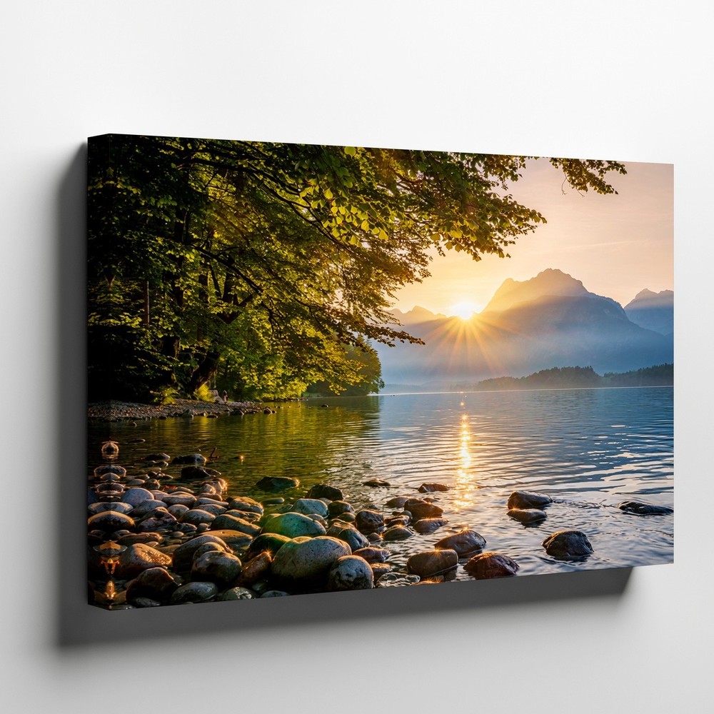 Sunrise over Rocky Lake Shore with Trees and Mountains Nature Canvas Wall Art
